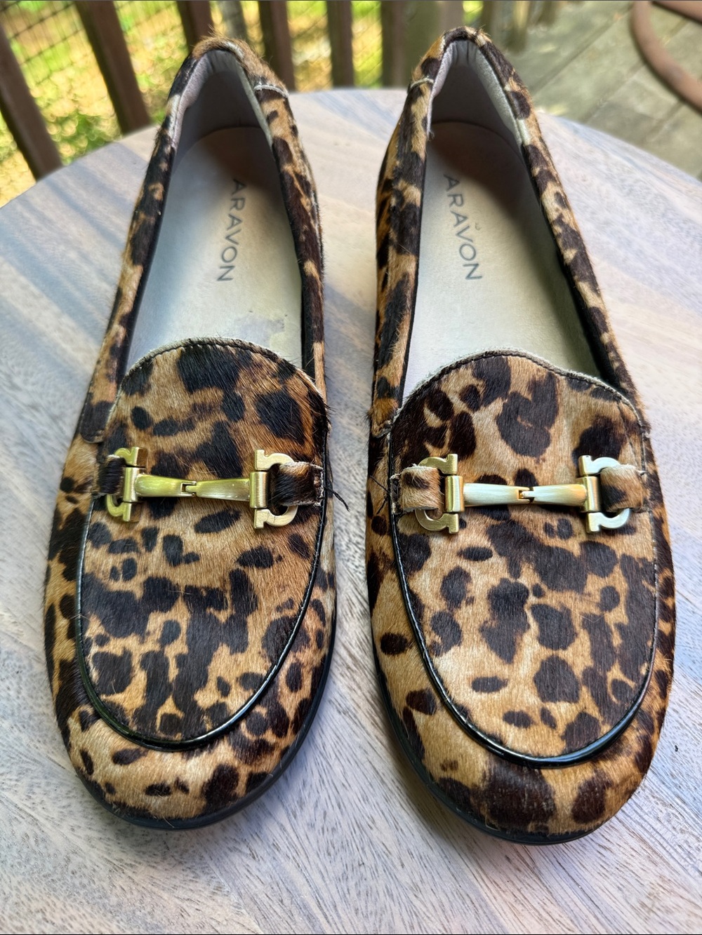 Aravon Leopard Print Loafers with Gold Bit